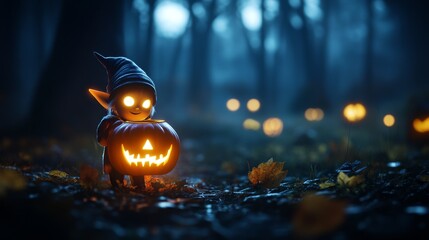 Charming goblin in a dark forest, grinning with a carved pumpkin, surrounded by glowing lights and autumn leaves in eerie twilight.