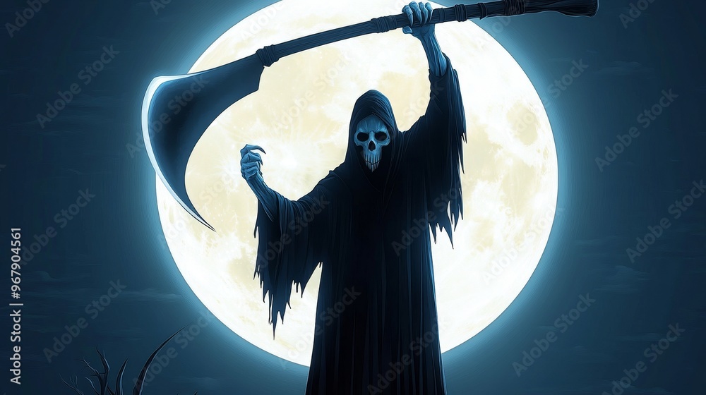 Mysterious figure in dark cloak holds a scythe under a glowing full ...