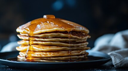 Sticker - A stack of fluffy pancakes drizzled with syrup, served on a black plate.