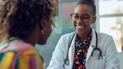 A smiling doctor performing a mental health check-up with a young patient in a vibrant and welcoming clinic