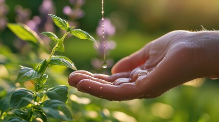 Close-up of essential oil drops being applied to a hand, with fresh basil and lavender herbs in the background