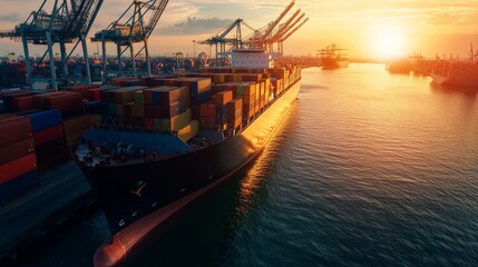 Wall Mural - Container ship docked at port with colorful cargo containers during a beautiful sunset, capturing the essence of global shipping and trade.