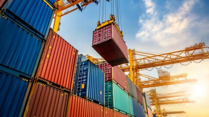 Cranes lifting shipping containers at a busy port under a bright sky, symbolizing global trade and logistics industry operations.