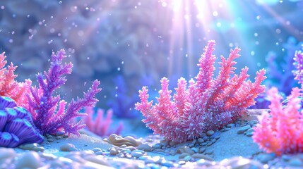 A colorful coral reef with pink and purple plants