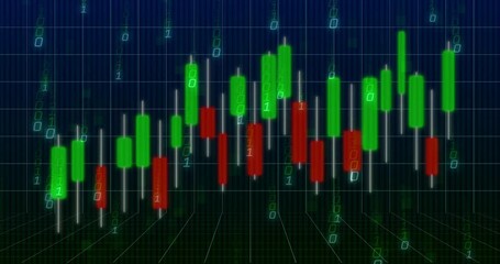 Poster - Animation of financial data processing and binary coding on black background
