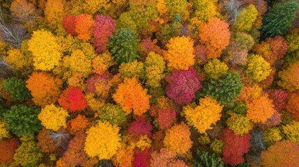 Sticker - Aerial view of vibrant autumn foliage showcasing a colorful forest landscape.