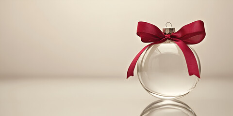 clear glass bauble with a red ribbon on a reflective surface, creating a minimalist and elegant chri