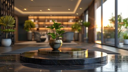 A large room with a plant in a gold bowl on a marble table