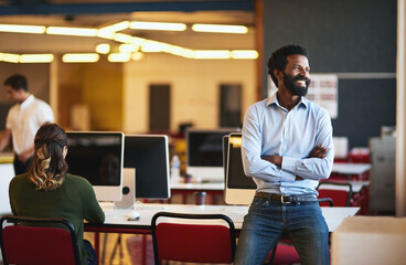 Poster - Thinking, happy and business man in office with ideas, solution and insight for company. Creative startup, entrepreneur and person with crossed arms for problem solving, brainstorming and reflection