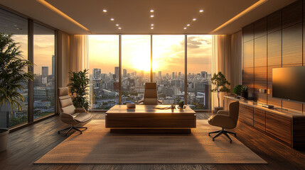 Canvas Print - Modern office with a view of the city skyline at sunset.