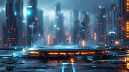 A futuristic cityscape with a large, glowing, metallic structure in the center