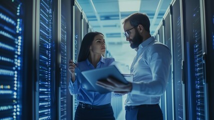 Poster - Two IT professionals collaborating in a modern data center during the evening, analyzing server performance and data management strategies