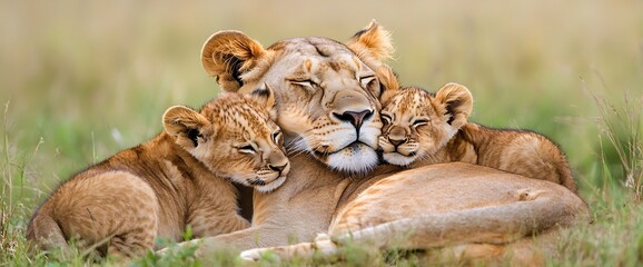 A mother lion rests with her two cubs, their eyes closed as they snuggle together in the tall grass.