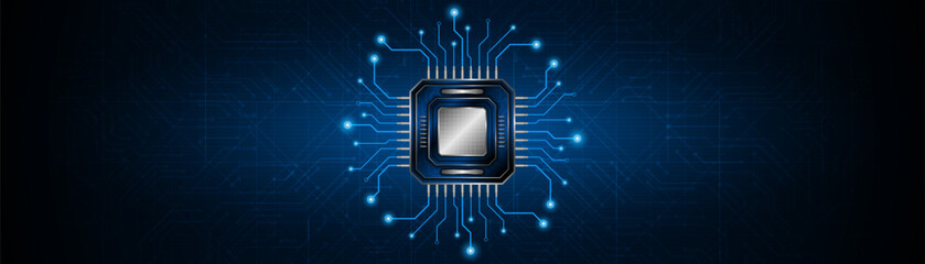Leinwandbilder - Microchip processor circuit board technology on dark blue background. Information Processing Concept. Circuit board hi-tech technology background. vector illustration	