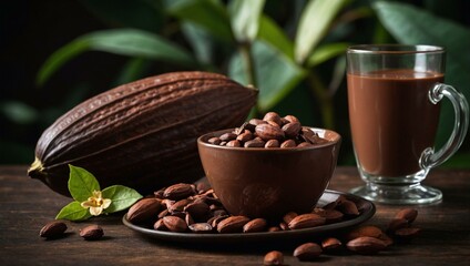 Natural cocoa drink with beans and pod