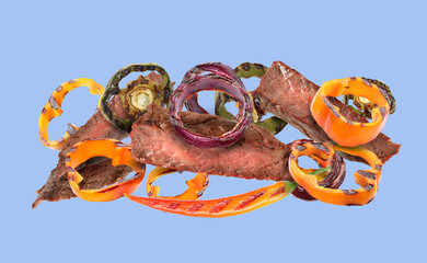 Sticker - Grilled meat and vegetables in air on light blue background