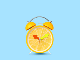 Poster - Juicy lemon on alarm clock dial against light blue background. Creative poster