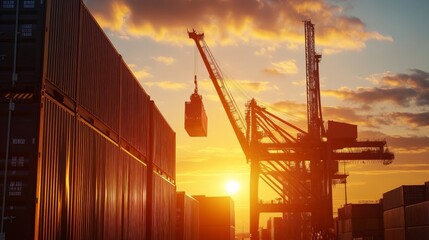 Wall Mural - Sunset at a shipping dock with cranes and containers, capturing the industrial beauty and bustling atmosphere of the logistics industry.