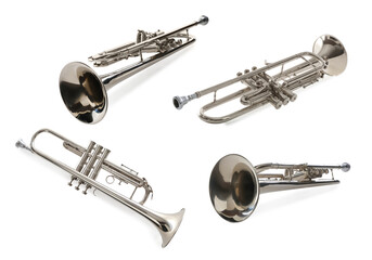 Wall Mural - Trumpet isolated on white, collage. Musical instrument