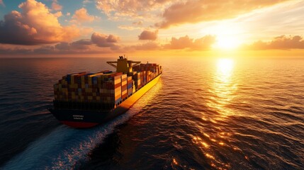 Sunset cargo ship journeying through calm ocean waters with a vibrant sky and dramatic clouds in the background.