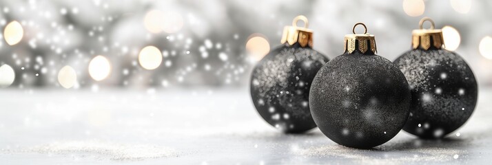 Black Christmas ornaments with golden caps in snow with bokeh lights in background banner