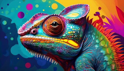 Wall Mural - A chameleon surrounded by swirling, kaleidoscopic colors that reflect on its body.