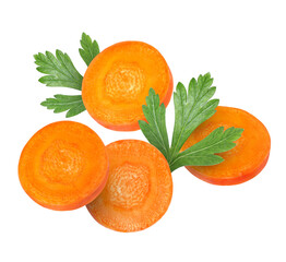 Sticker - Round carrot slices and parsley in air on white background