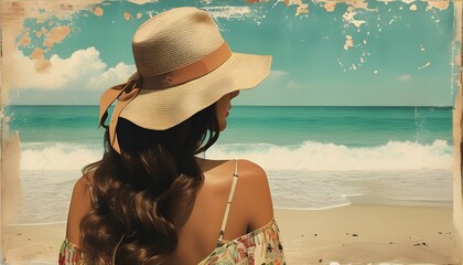 Contemporary collage of a woman in a hat gazing at the beach, embodying summer vacation vibes with retro aesthetics and vintage flair for poster design.