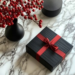 Canvas Print - A beautifully wrapped black gift box with a red ribbon, accompanied by decorative berries.