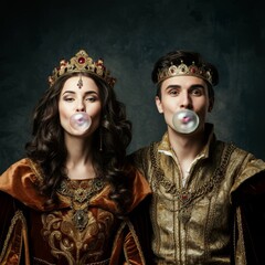 Poster - Young people medieval prince and princess in vintage costumes with bubble gum on dark retro background. Concept of comparison of eras, artwork, renaissance, baroque