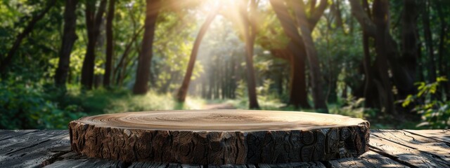 A large log sits on a wooden platform in a forest