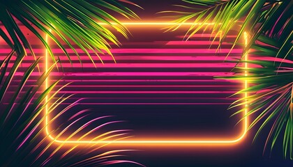 Vibrant palm leaves against a neon backdrop embodying summer vacation vibes in retro style, perfect for invitations and greetings in synthwave aesthetics