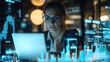 © dee-nesia - A female business professional is working on a laptop in an office, surrounded by digital graphs and charts