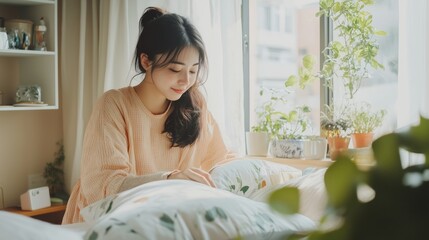 Wall Mural - A young woman enjoys a quiet moment at home, engaging with her plants while sitting by a sunlit window in the afternoon