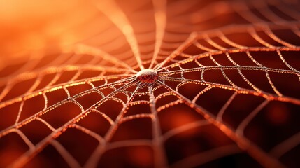Close-up of a delicate spider web glistening with morning dew, illuminated by warm sunlight, showcasing intricate patterns and textures.
