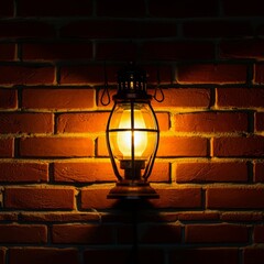 Wall Mural - Dark brick wall background with an old medieval lantern fantasy