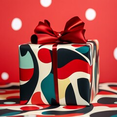 Wall Mural - A beautifully wrapped gift box with a vibrant design and a red ribbon on a patterned background.