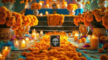 Wall Mural - A beautifully decorated Day of the Dead altar with candles, marigolds, and photos.