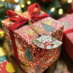 A beautifully wrapped gift box with festive decorations and a cheerful tag.