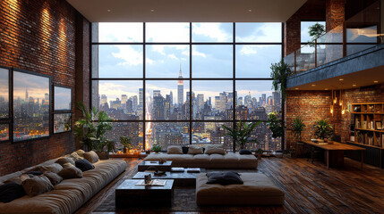 Canvas Print - A modern loft apartment with a stunning city view.