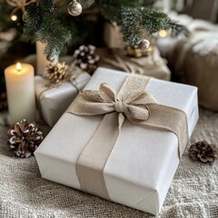 A beautifully wrapped gift sits near a decorated tree, evoking a festive atmosphere.