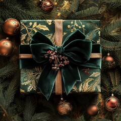 Sticker - A beautifully wrapped gift with a green bow, surrounded by festive decorations.