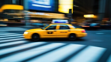 Poster - A blurred yellow taxi speeds through a city intersection, capturing urban movement.