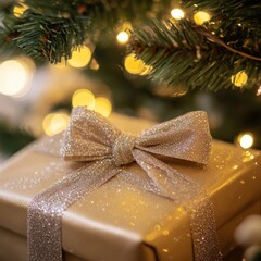 A beautifully wrapped gift with a sparkling bow under a Christmas tree.