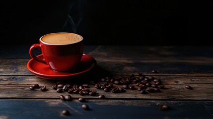 Steaming Hot Cup of Coffee on Wooden Table with Roasted Beans