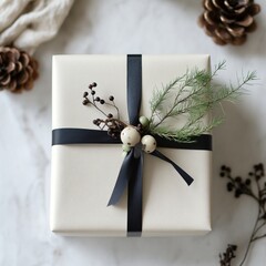 Sticker - A beautifully wrapped gift with decorative elements and greenery.