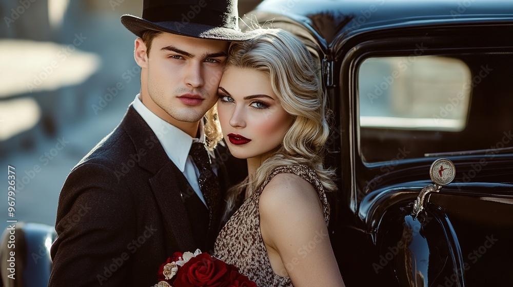Bonnie and Clyde themed Halloween attire for couples. Stock Photo