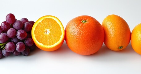 Wall Mural - Fresh Oranges and Grapes on a White Surface