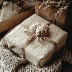 Sticker - A beautifully wrapped gift with natural decorations on a textured surface.