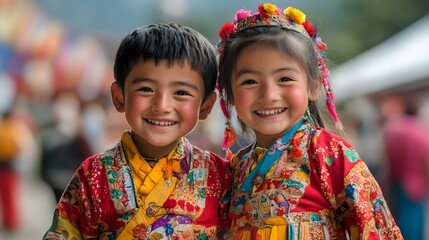 Two children in traditional attire smiling joyfully.